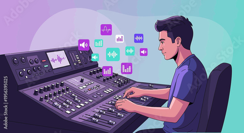 Creative audio engineer manipulating sound levels with digital audio workstation interface