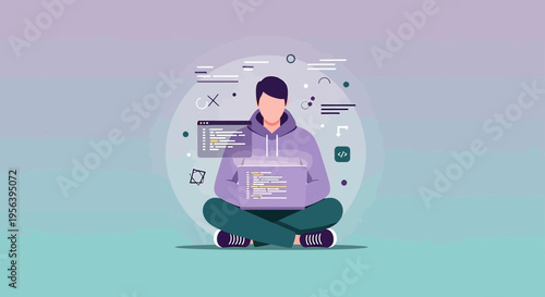 Creative developer sitting cross-legged coding on a laptop with abstract design elements