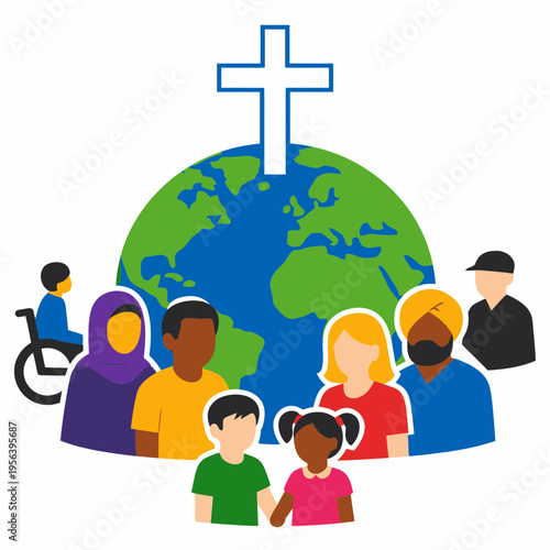 Vector Illustration of Globe with Medical Cross and People for World Health Day