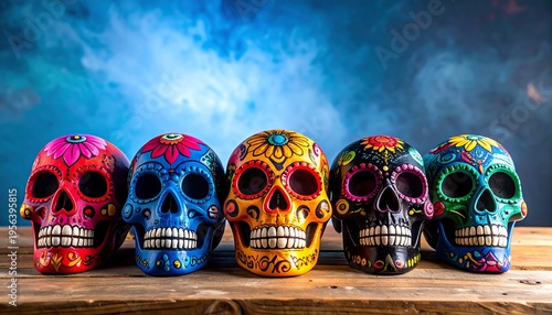 Wallpaper Mural Colorful Day of the Dead Sugar Skulls Displayed on Wooden Surface. Torontodigital.ca