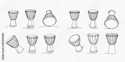 Hand-drawn line art illustrations of djembe drums, showcasing various angles and perspectives of the traditional African percussion instrument.