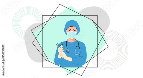 Dedicated surgeon in scrubs holding surgical tools framed by geometric shapes modern design