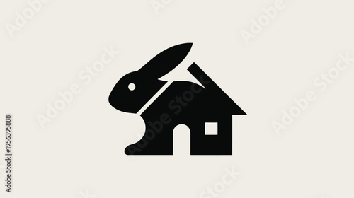 Sleek geometric black rabbit silhouette integrated with a house shape. Minimalist animal and home concept illustration on a neutral background.