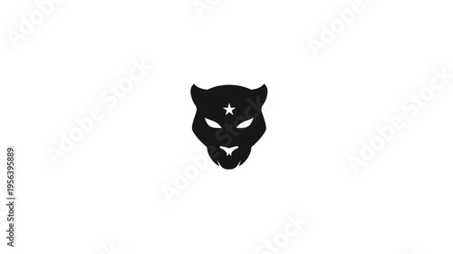Powerful black big cat head silhouette with a star on forehead, stylized wild animal mascot emblem on white background