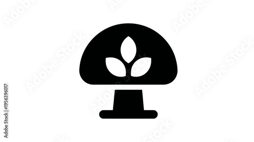 Organic mushroom icon with leaves. Vector symbol for natural, plant-based food, healthy eating, and eco-friendly concepts.