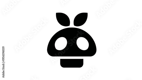 Simple black graphic icon of a mushroom with two leaves, illustrating organic, natural, vegan, or plant-based concepts