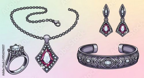 Luxury jewelry set with gemstone necklace earrings ring and bracelet on pastel background