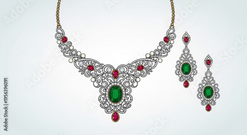 Elegant silver jewelry set with green emeralds and red rubies on white background