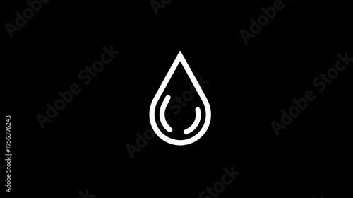 Minimalist White Outline Water Drop Icon on Black Background. Simple Liquid Droplet Symbol for Design and Aqua Concepts