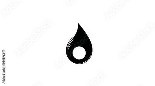 Stylish black water drop or oil droplet icon with a textured brush stroke effect and a white inner circle, abstract minimalist design.
