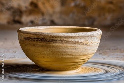 Artistic pottery bowl spinning on wheel
