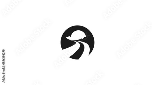 Minimalist black and white circular icon of a winding road leading towards a stylized sun or moon at the horizon, graphic design illustration.