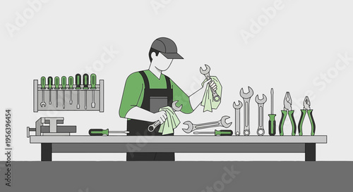 Dedicated mechanic meticulously cleaning wrenches in a streamlined workshop setting ready for