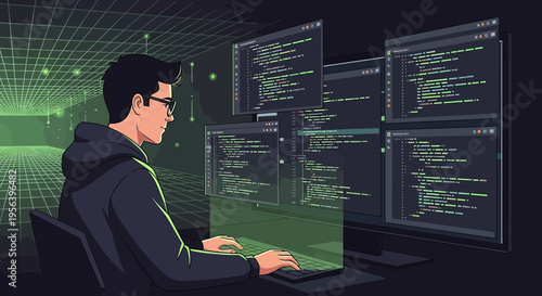 Dedicated programmer immersed in coding with multiple monitors displaying complex code