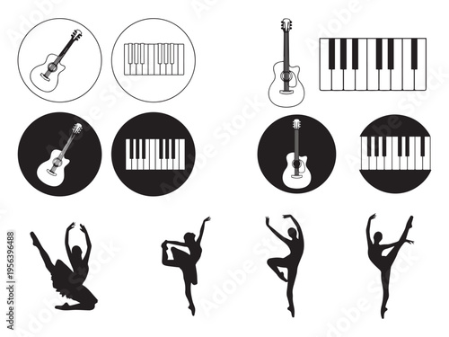 Jazz music silhouette art with instruments and dancers in black and white