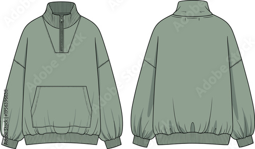 Green half zip pullover hoodie sweatshirt vector illustration front and back view ribbed collar casual sporty outerwear apparel design