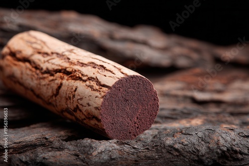 Chocolate salami dessert on rustic wooden background