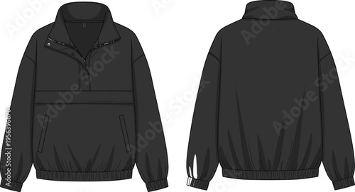 Black half zip pullover jacket vector illustration front and back view with pocket detail modern sporty casual outerwear design