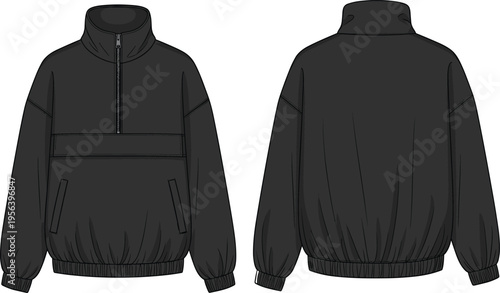 Black half zip pullover jacket vector illustration front and back view with chest pocket modern sporty casual outerwear design