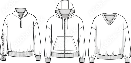Hoodie sweatshirt and pullover set technical drawing vector illustration front view minimal line art casual outerwear apparel collection design