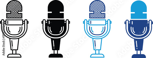 Colorful illustration of four microphones in different colors and styles