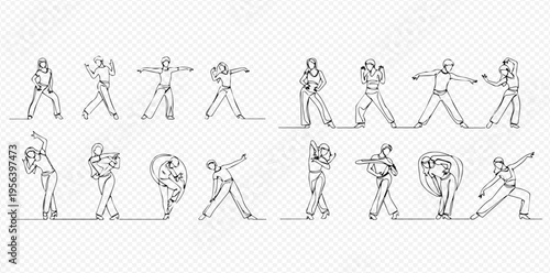 Continuous line drawing of people doing various exercises and stretching poses, illustrating fitness and healthy lifestyle concepts.