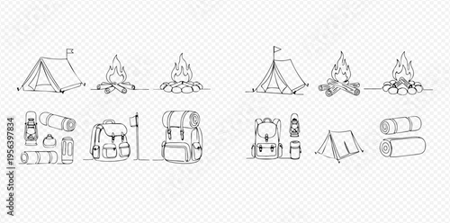 Camping and Hiking Gear Line Art Set: Tents, Campfires, Backpacks, Sleeping Bags, and Thermos Bottles.