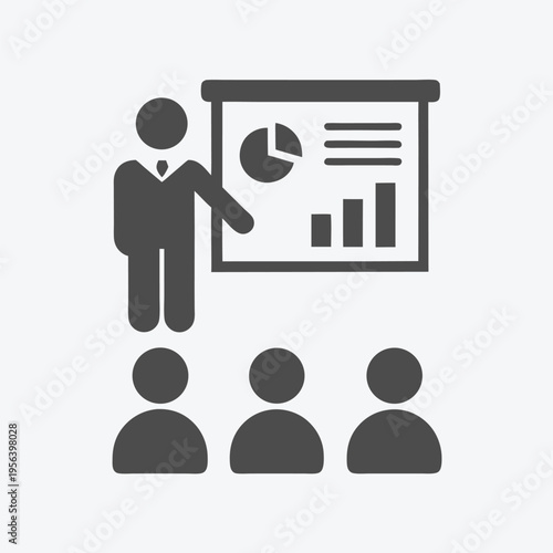 Man presenting data to an audience using a presentation board in gray color