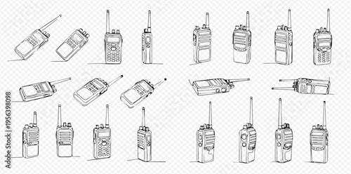 Hand-drawn sketch set of walkie-talkie radio devices in various angles and perspectives, illustrating communication technology.