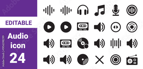 Microphone and audio line icon set featuring voice message sound wave podcast and communication for music recording