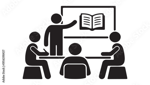 Group of students sitting at desk in classroom with teacher pointing at whiteboard icon.