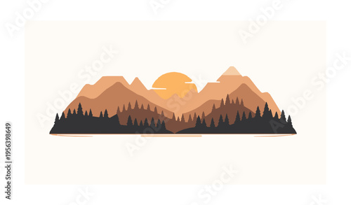Flat Forest Mountain Sunset Landscape Vector with Warm Nature Scene and Pine Trees