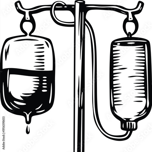 Two IV bags hang symmetrically on an IV stand in a bold outline