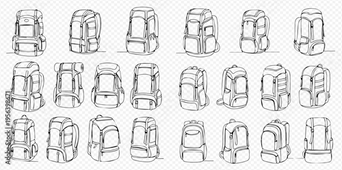 Set of various hand-drawn backpack sketches for travel, hiking, and school adventures.