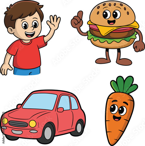 Cute cartoon character set boy burger carrot and car vector illustration colorful playful design for kids education and fun themes