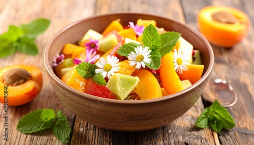 Bunter Obstsalat mit frischer Minze und essbaren Blüten