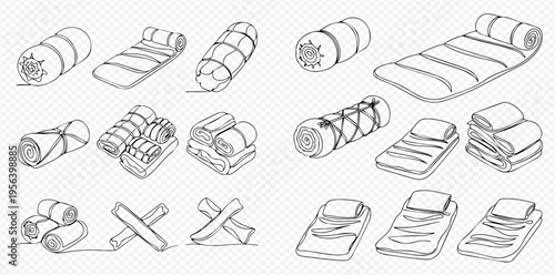 Set of sleeping bags and rolled mats for camping and outdoor activities, hand-drawn vector illustration.