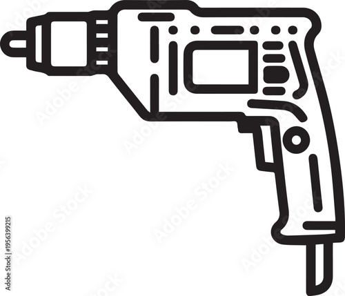 A bold, detailed line art of a power drill, the ultimate construction tool, isolated for impactful use.