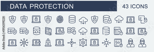 Collection of 43 data protection and cybersecurity icons, including shield, lock, and cloud storage symbols.