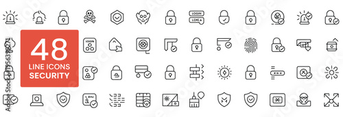 Collection of 48 line icons for security and protection services, including locks, alarms, and shields.