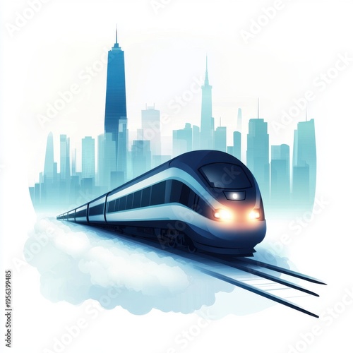 An illustration of a sleek train approaching a modern city skyline, embodying speed and innovation.