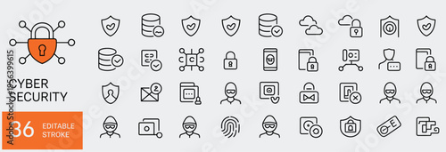 Collection of 36 cyber security icons and symbols for technology and internet safety concepts