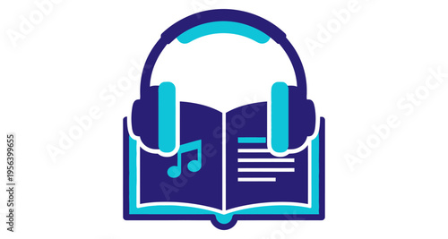 Audiobook Concept: Open Book With Headphones and Musical Note Learning Digital Media