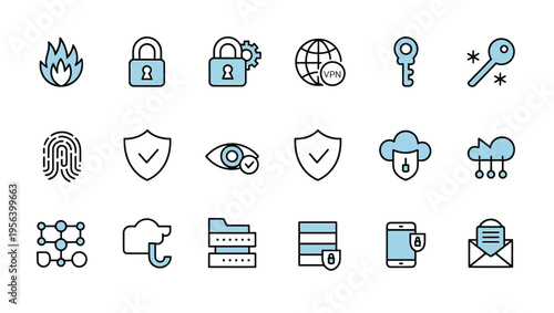 Collection of 20 line-style icons for cybersecurity, data protection, and online safety concepts.