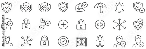 Collection of 25 line style icons for security, protection, and privacy concepts.