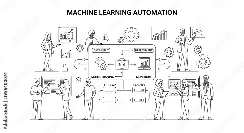 Obraz premium Machine learning automation concept with people working on data analysis and deployment