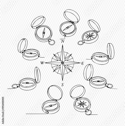 Continuous line drawing of compasses arranged in a circle with a central wind rose, symbolizing navigation and direction.