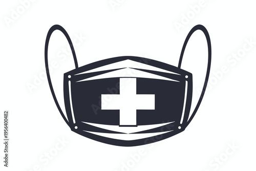 Medical mask features a bold white cross symbol in a simple monochrome illustration