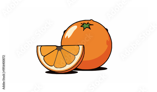Orange fruit with sliced half and water droplets modern vector illustration isolated on white background clipping path