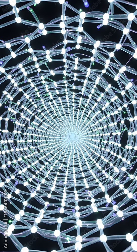 Fototapeta premium Abstract futuristic glowing network tunnel with light particles and interconnected nodes creating a sense of depth and technology